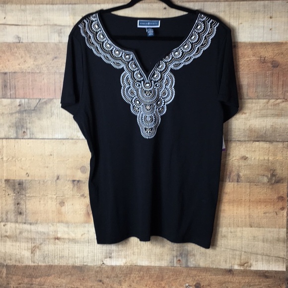 Karen Scott Tops - Karen Scott Black Embroidered Top Short Sleeve New